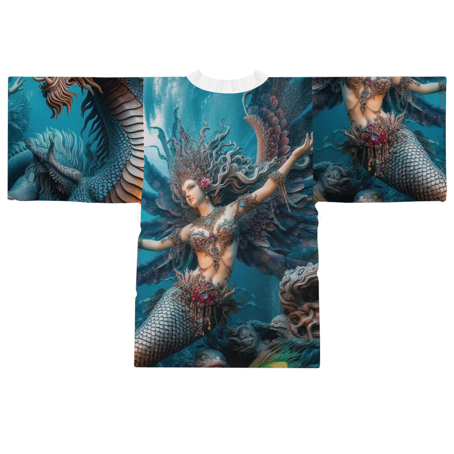 Mermaid & Dragon Long Sleeve Kimono Robe, Elegant Loungewear, Unique Gift, Festival Wear, Bohemian Style