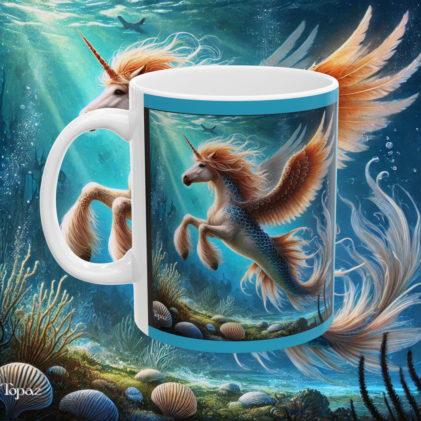 Pegasus, Unicorn, Mermaid Mystical Waters of Lemuria Coffee, Cacao, Tea, Fantasy Ceramic Mug, (11oz, 15oz)