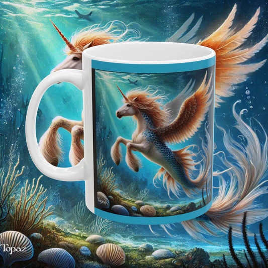 Pegasus, Unicorn, Mermaid Mystical Waters of Lemuria Coffee, Cacao, Tea, Fantasy Ceramic Mug, (11oz, 15oz)