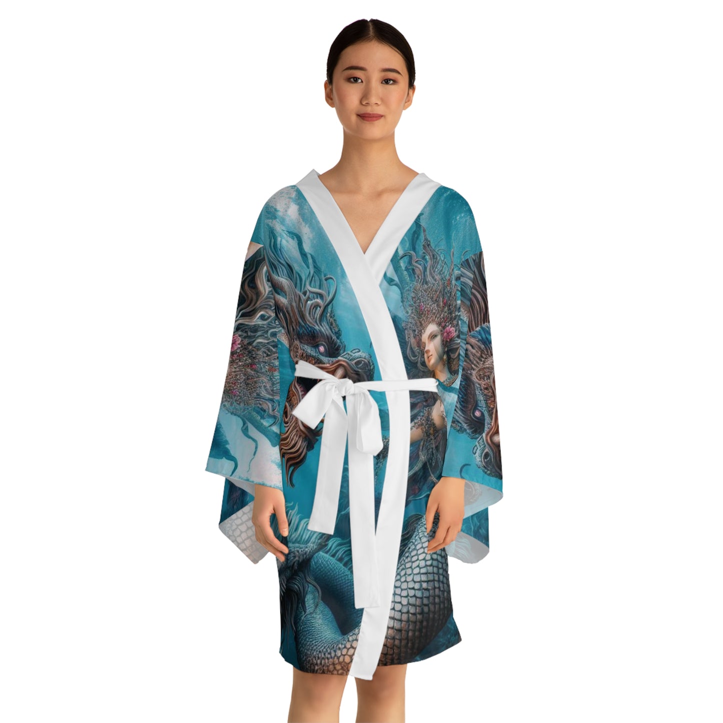 Mermaid & Dragon Long Sleeve Kimono Robe, Elegant Loungewear, Unique Gift, Festival Wear, Bohemian Style