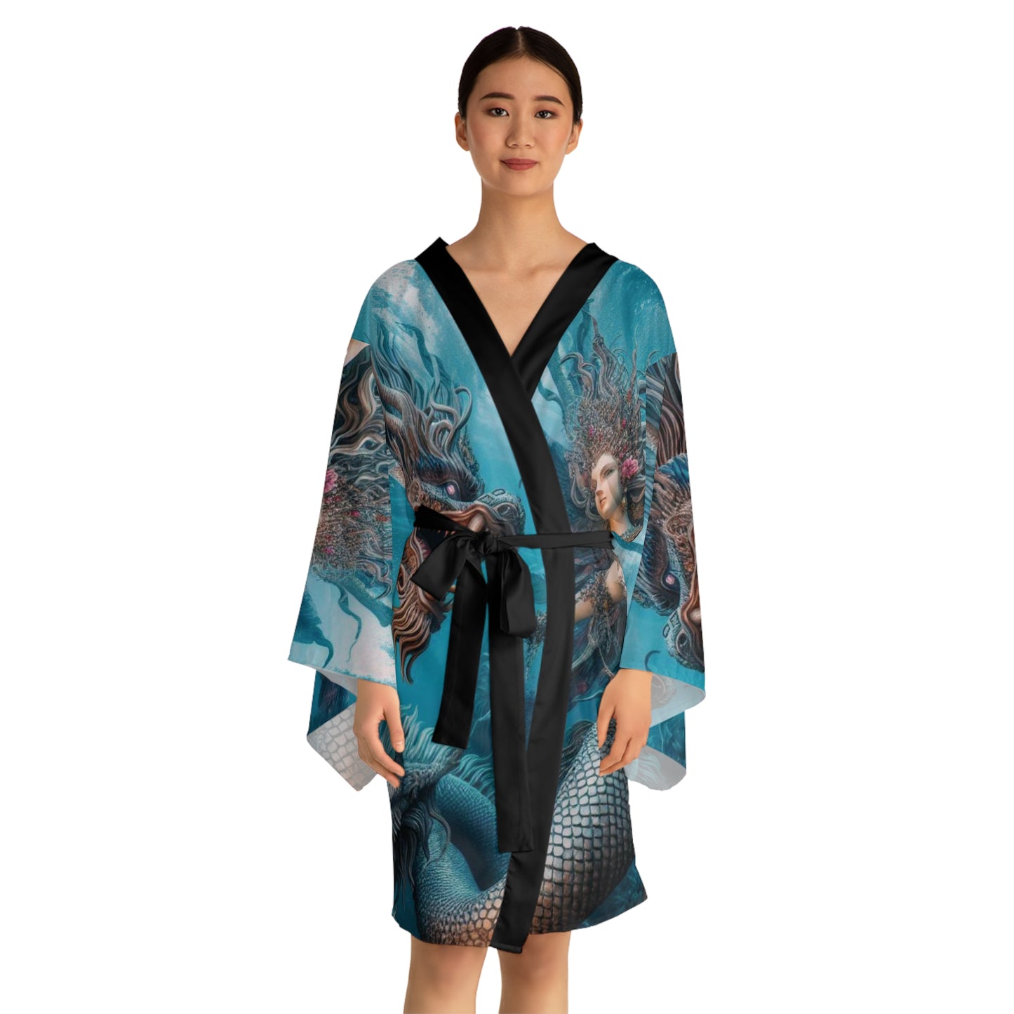 Mermaid & Dragon Long Sleeve Kimono Robe, Elegant Loungewear, Unique Gift, Festival Wear, Bohemian Style