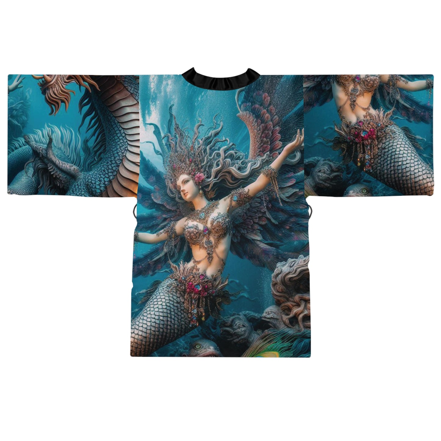 Mermaid & Dragon Long Sleeve Kimono Robe, Elegant Loungewear, Unique Gift, Festival Wear, Bohemian Style