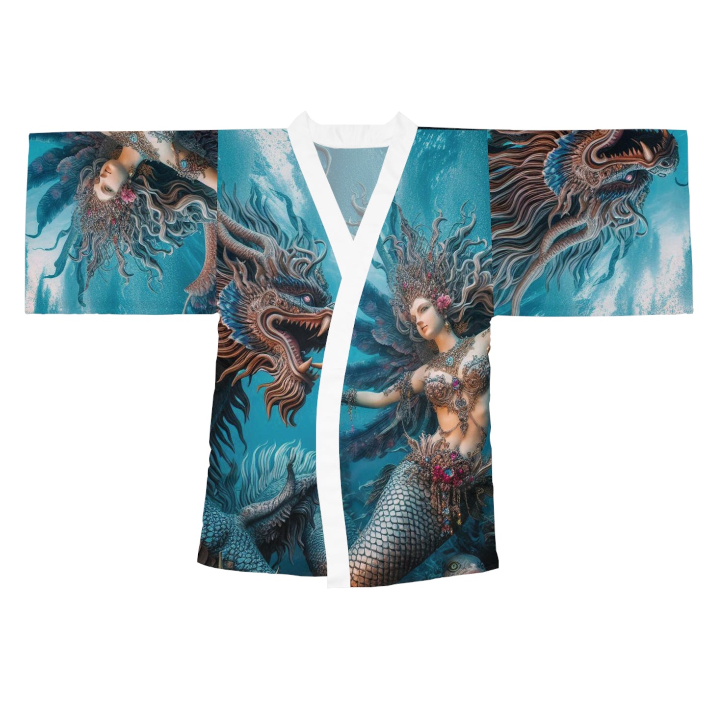 Mermaid & Dragon Long Sleeve Kimono Robe, Elegant Loungewear, Unique Gift, Festival Wear, Bohemian Style