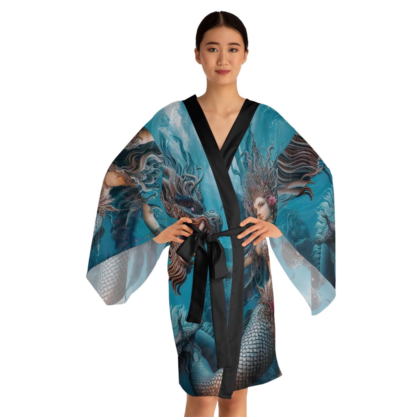 Mermaid & Dragon Long Sleeve Kimono Robe, Elegant Loungewear, Unique Gift, Festival Wear, Bohemian Style