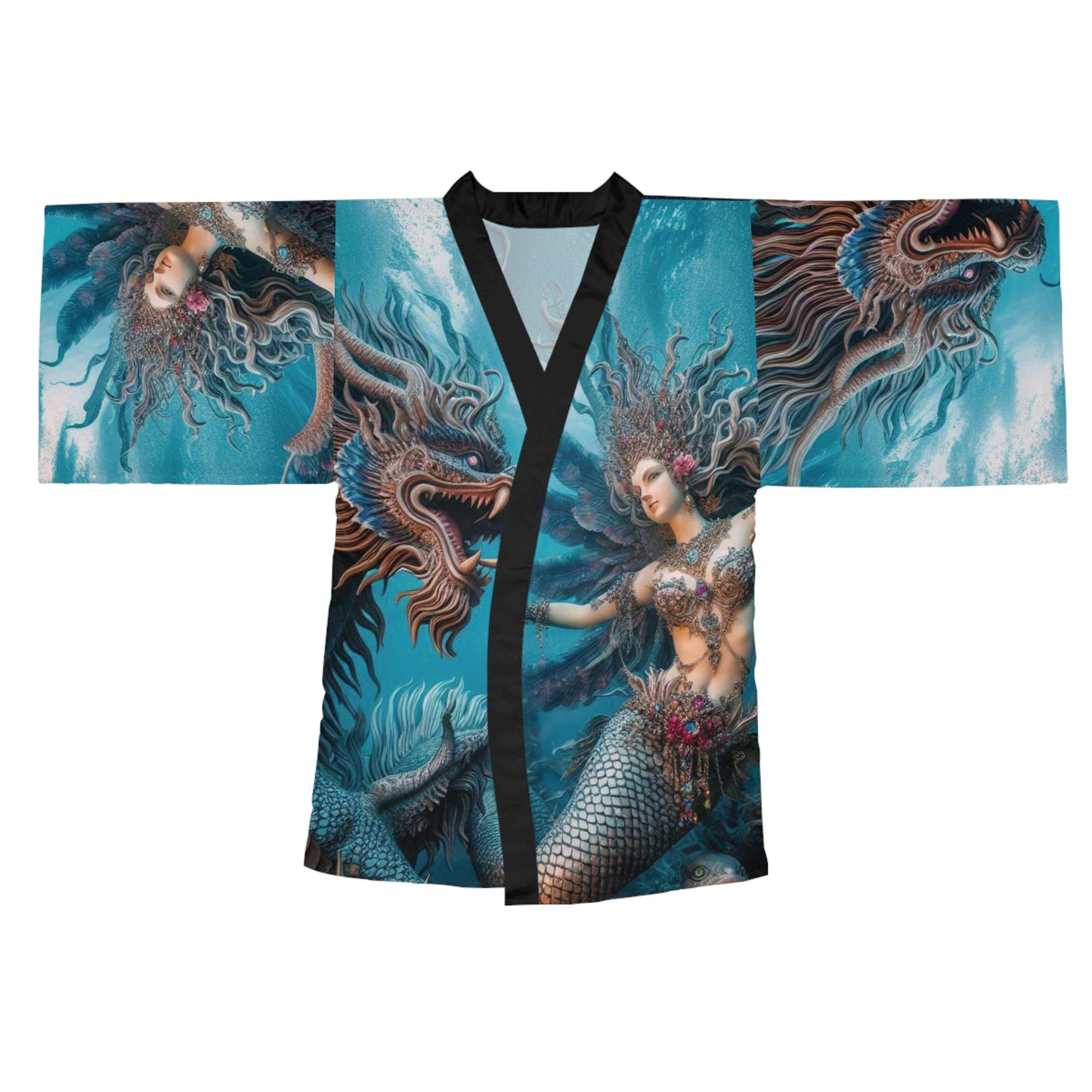 Mermaid & Dragon Long Sleeve Kimono Robe, Elegant Loungewear, Unique Gift, Festival Wear, Bohemian Style